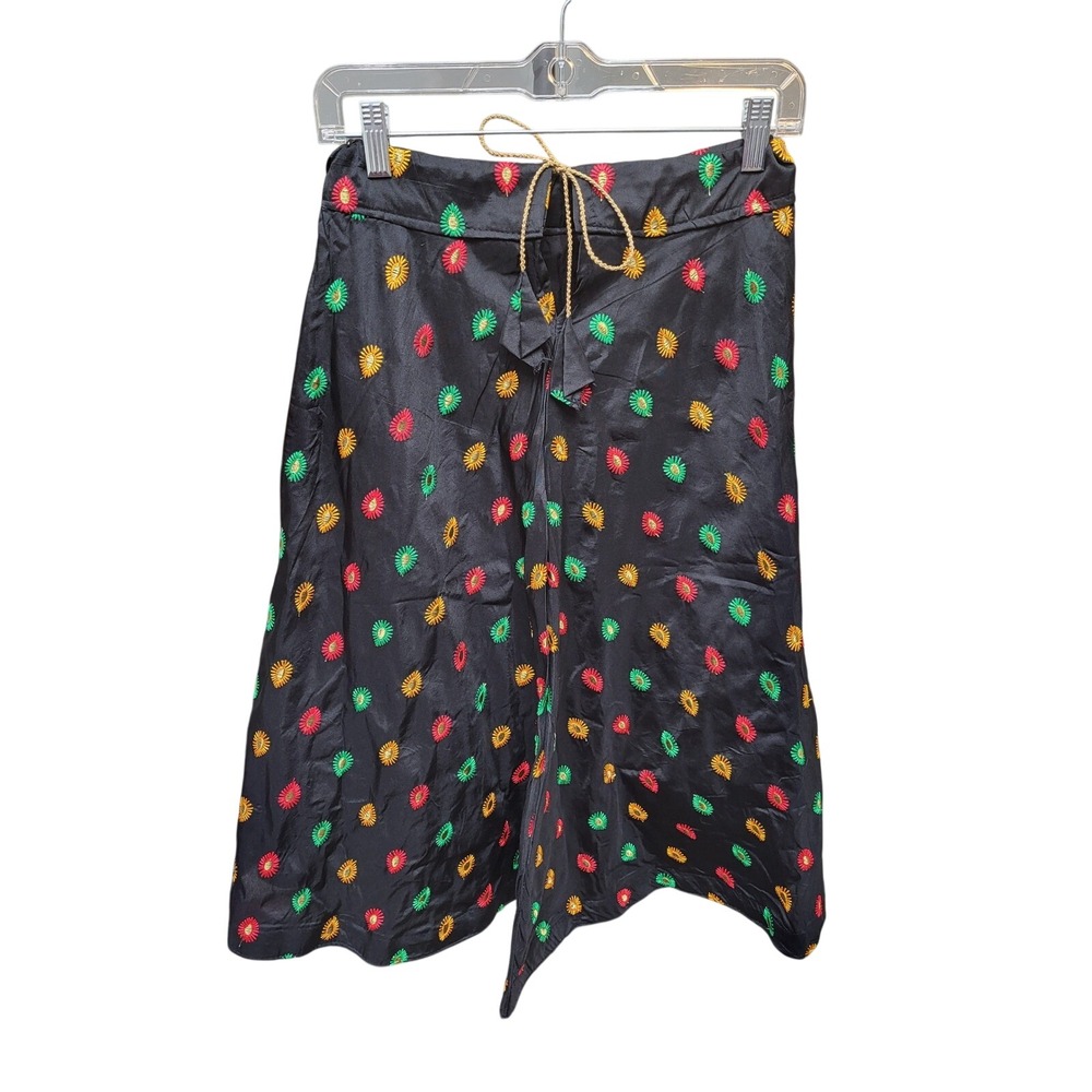 Unbranded Black Embroidered Wrap Midi Skirt Red Green Yellow Tassel Tie Size 28